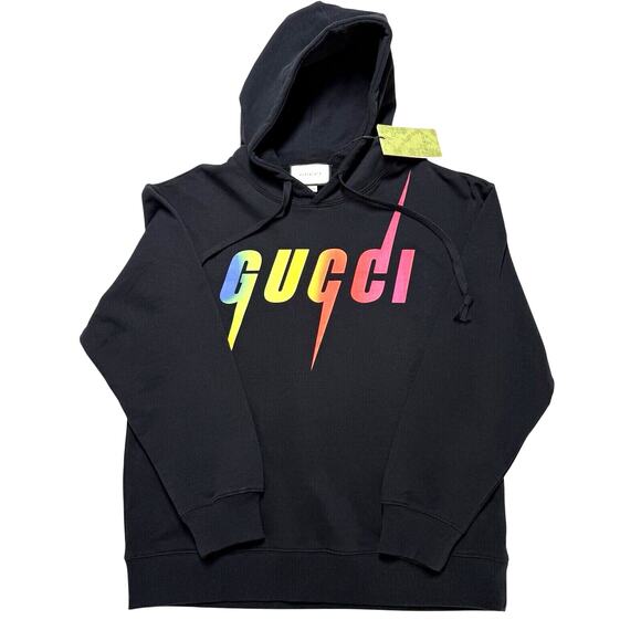 Gucci Hoodie Sweatshirt NWT Men’s Medium Black Rainbow Logo 100% Cotton - Picture 2 of 11